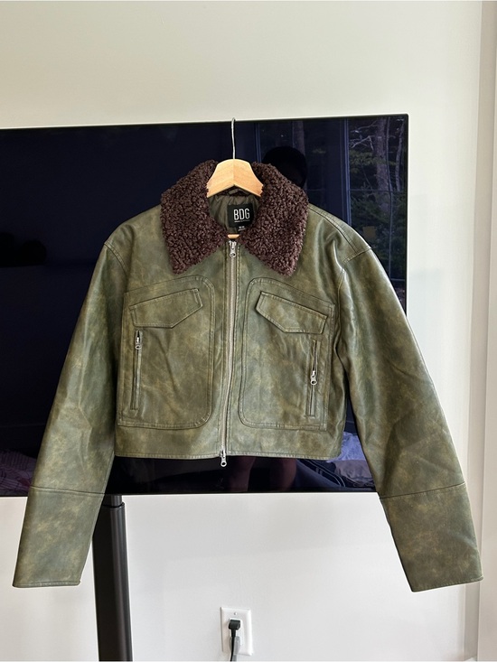 BDG Jackets & Blazers - BDG Olive Leather Zip Jacket with Brown Shearling Collar